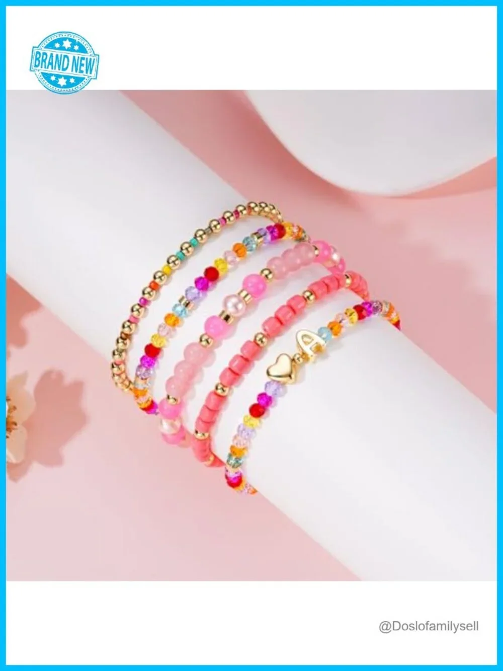5PCS 14K Gold Plated Initial Charm Stretch Colorful Beaded Bracelet Set